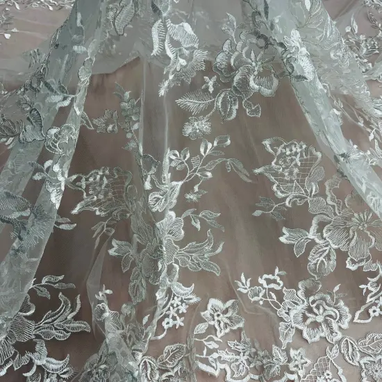 1 Yard Premium Corded Bridal Lace Fabric Embroidered on Polyester Net Mesh 53" Width Ivory {4}