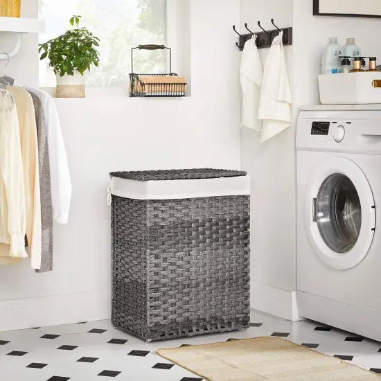 Grey Rattan Plastic Laundry Hamper with Lid, Cotton Liner and Iron Frame {4}