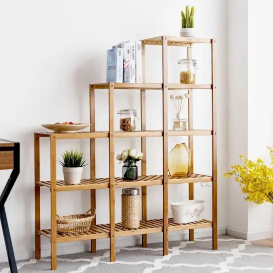 Natural Wicker Freestanding 5-Tier Shelf Rack for Plants Books or Decor Storage Organizer {3}