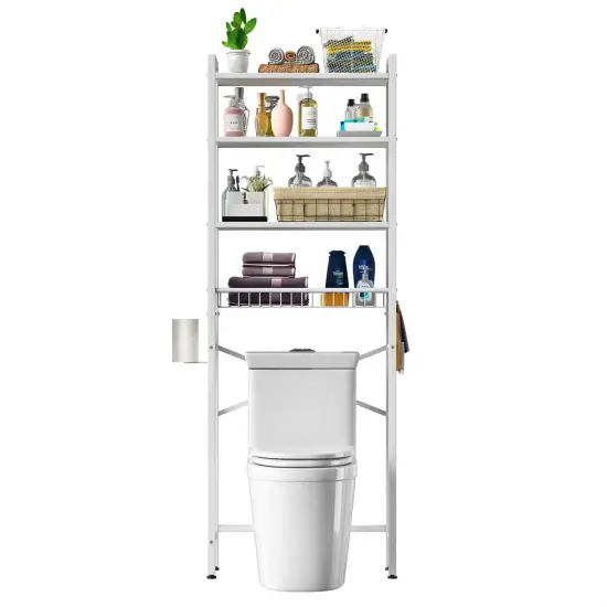 Over the Toilet Storage Shelf with 4 Tiers Adjustable Shelves and Hooks Freestanding Metal White {1}