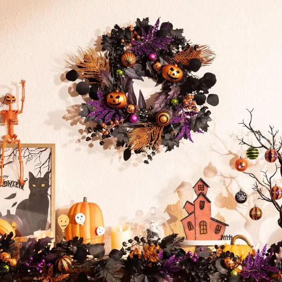 Pre-Lit Jack-o'-Lantern Pumpkin Wreath Halloween Decorations {3}
