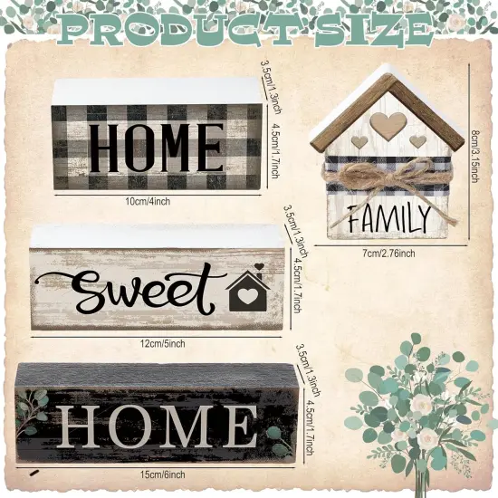 4 Pcs Farmhouse Wooden Tabletop D&eacute;cor &ndash; Rustic House Shaped Block Signs for Tiered Tray, Shelf, Mantle & Neutral Centerpieces &ndash; Sweet Home Rustic Housewarming Gift Set {3}