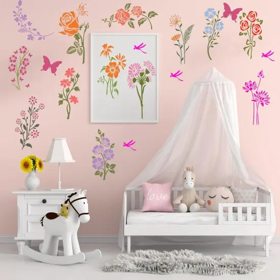 18 Pieces Flower Stencils - Reusable Floral Dragonfly Butterfly {4}