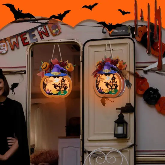 Halloween Wreath - Lighted Pumpkin with Haunted House {6}