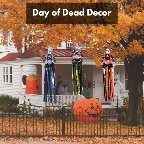 4E's Novelty Day of The Dead Hanging Decorations &ndash; 3 Pack 36" Sugar Skull Banners, Dia de Los Muertos Indoor Outdoor Party Supplies, Halloween Vertical Backdrop for Home, Yard, Door, Window Decor {4}