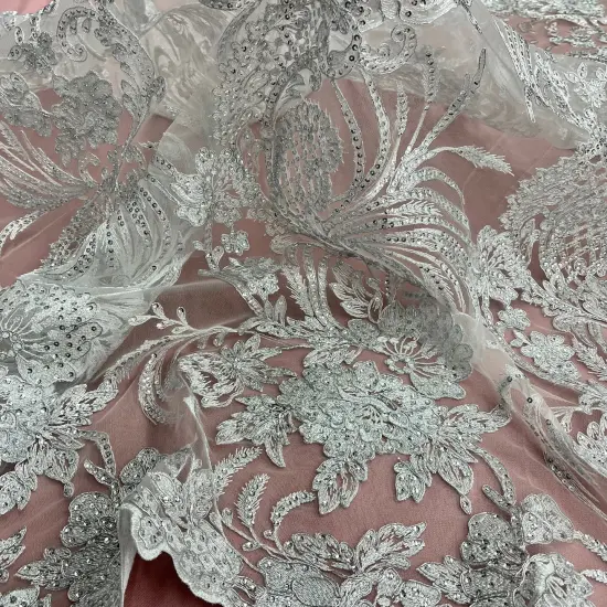 1 Yard Luxurious Corded and Sequined Bridal Lace Fabric Embroidered on 100% Polyester Net Mesh 54" Width Ivory {2}
