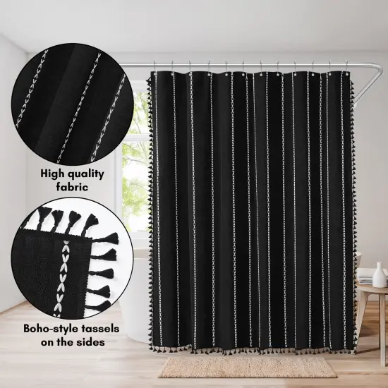 Americanflat 71x71 Woven Linen Shower Curtain with Tassel Accents - Includes 12 Grommets and Hooks - 100% Polyester {10}
