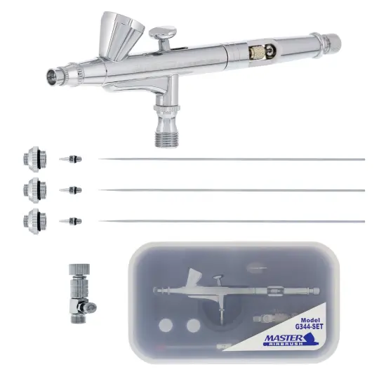 G344 Multi-Purpose Dual-Action Gravity Feed Airbrush with 3 Nozzle Sets (0.2, 0.3 & 0.5mm Needles, Fluid Tips and Air Caps) 1/16 oz. Fluid Cup {1}