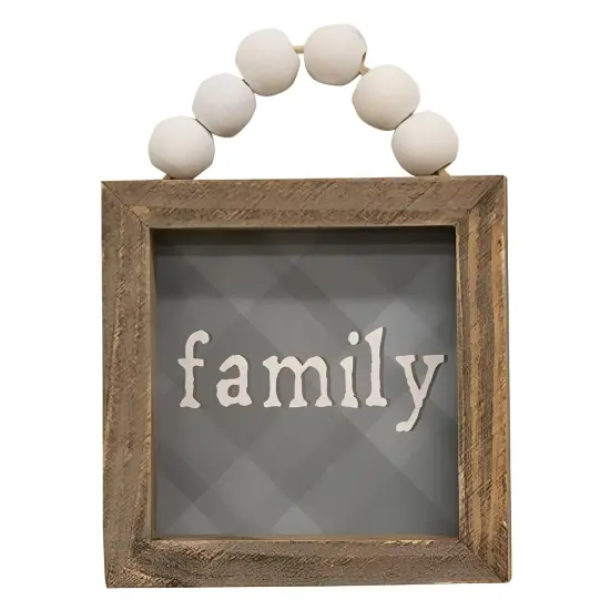 2 Asstd. Love and Family Plaid Wooden Signs with Beaded Hangers Ready to Hang {3}