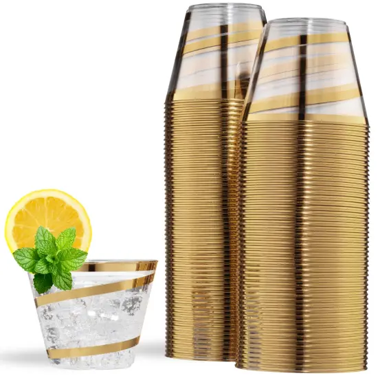 110 Pack 9 oz Disposable Clear Plastic Cups| Gold Rimmed Disposable Cups {7}