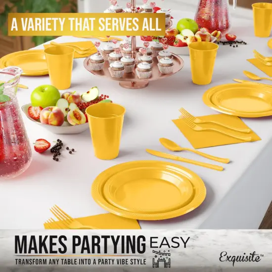 Exquisite 182 Pcs Plastic Plates for Party &ndash; Disposable Plates Set &ndash; 26 Each of 9" Dinner Plates, 7" Dessert Plates, Plastic Cups, Napkins & Plastic Cutlery &ndash; Plastic Dinnerware by Party Solids Yellow {5}