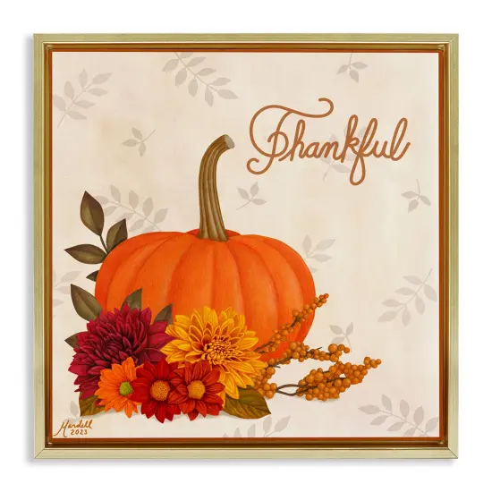 Thankful Pumpkin & Florals Floating Frame Canvas Art Gold {1}