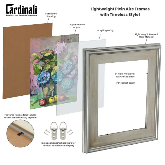Cardinali Plein Air, Silver 11x14" Picture Frame with Acrylic Glazing & Cardboard Backing, for Photography or Canvas Frame, 3 Wide Moulding, 1/2 Rabbet Depth, D-Ring Hangers Included {3}