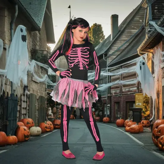 Girls Pink Skeleton Costume with Tutu Skirt and Gloves {2}