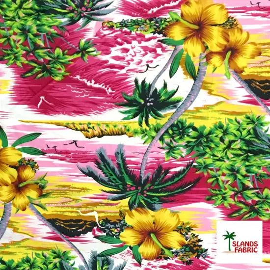 1 Yard Hibiscus Hawaiian Sunset Peachskin Fabric with Island Beach Scene 45 Inch Width Orange {2}