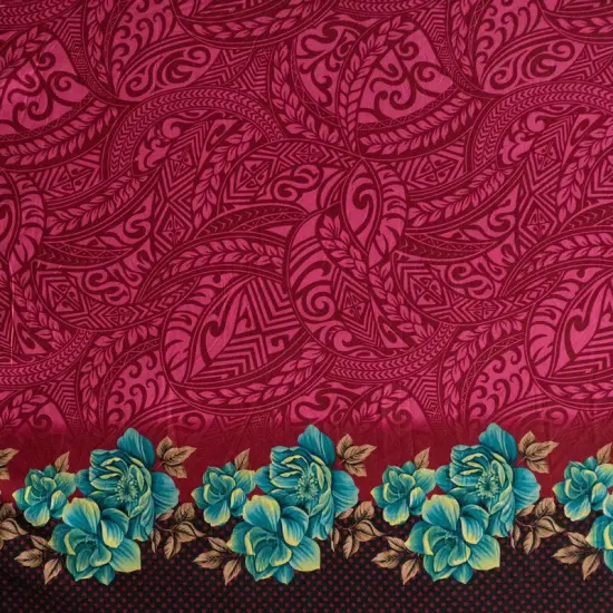 1 Yard Polynesian Tattoo Rose Polka Dot Border Peachskin Fabric 45 Inch Width Red {4}