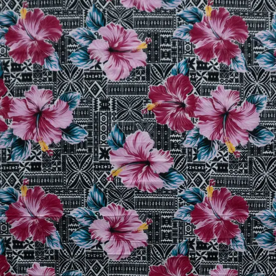 1 Yard Hibiscus On Traditional Tapa Polyester Fabric For Island-Inspired Apparel And Crafts 60 Inch Width Light Blue {6}