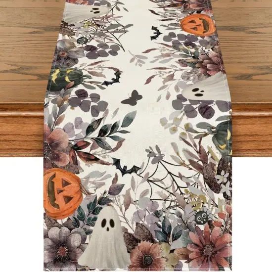 Jack-O'-Lantern Pumpkin Floral Ghost Halloween Table Runner, 13x72 Inch {1}