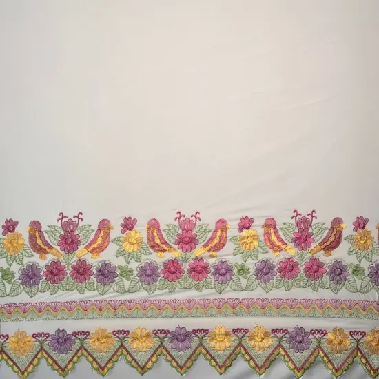 1 Yard Floral Bird Embroidered Double Border Polyester Fabric 56 Inch Width Blue/Fuchsia {4}