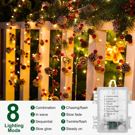 9.8 Ft 60 LEDs Red Berry Pine Cone Battery Operated Christmas Garland Lights with 8 Modes {5}