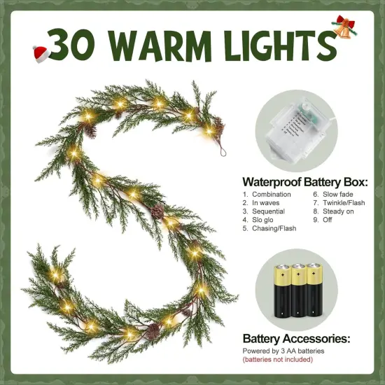 6 FT Cedar Garlands, Christmas Garland with 30 Warm Lights with 8 Light Modes {2}