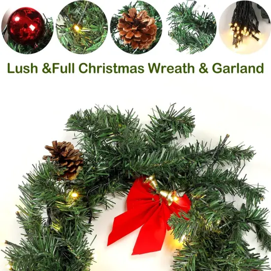 15ft Outdoor Christmas Garland with 100 Warm LED Pre-lit Artificial Christmas Garlands Decor Green Frosted {2}