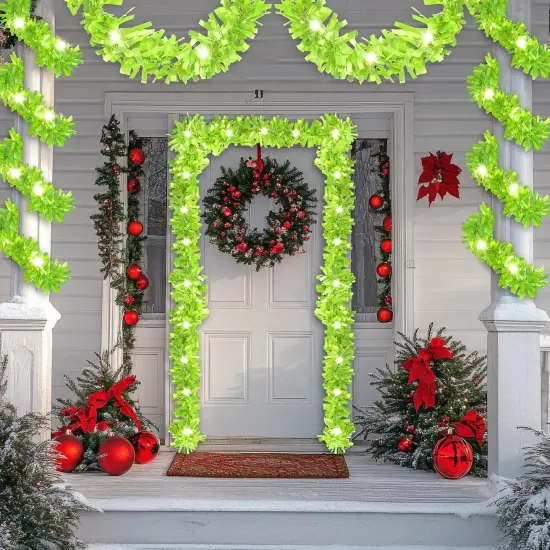16.4 ft Christmas Prelit Tinsel Lighted Garland with 50 LED Lights (Warm White, Green) {3}