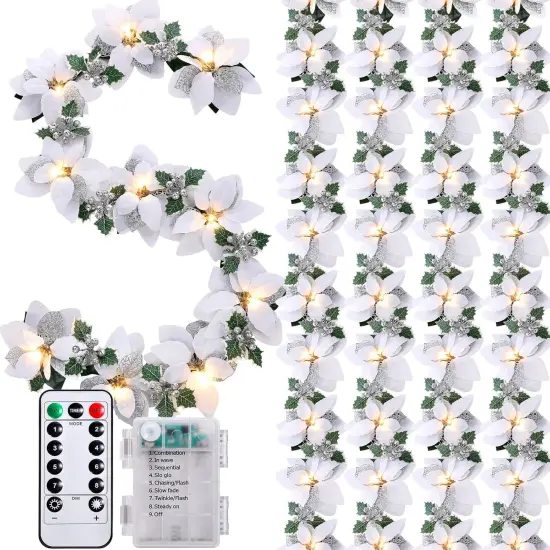 5 Pcs Prelit Poinsettia Winter Christmas Garland with Lights Glitter {1}