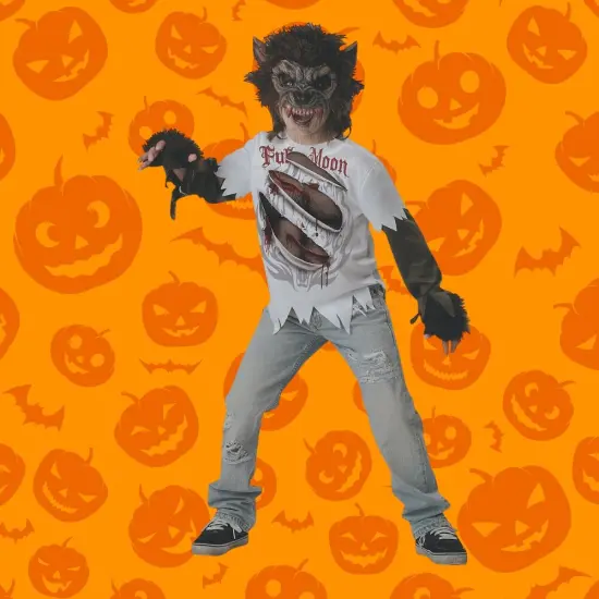 Boys Werewolf Costume with Mask and Gloves for Halloween Dress Up White/Brown {2}
