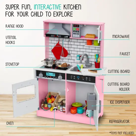 Lil' Jumbl Small Wooden Pretend Play Kitchen Set for Kids with Stovetop, Oven, and Interactive Features Pink {6}