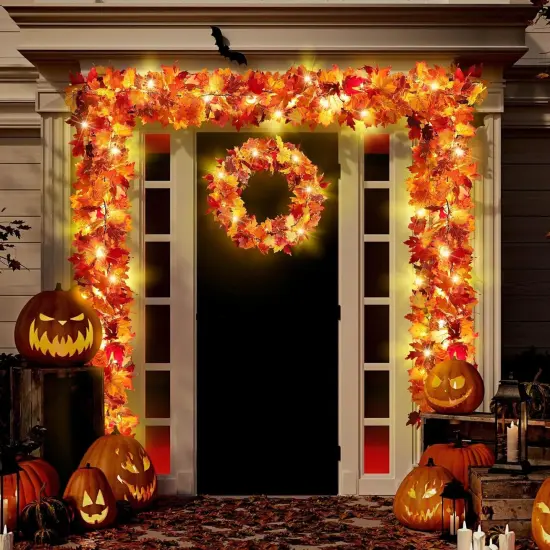 4 Pack Maple Leaves Garland with Lights 5.8ft Connectable Lighted {5}