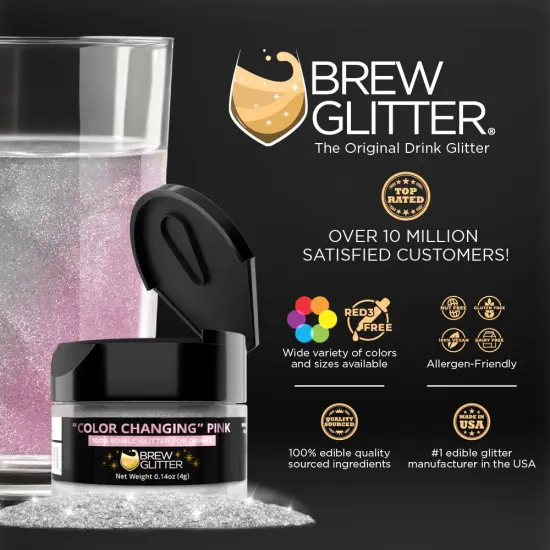 Brew Glitter - Pink Color Changing Edible Drink Glitter (4g, x1 Flip-Cap Jar) for Beer, Cocktails and Beverages {2}