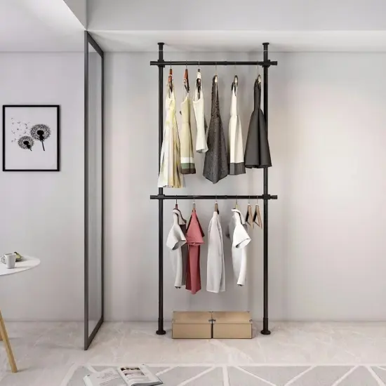 Ceiling Top & Floor Metal Closet Garment Rack Clothes Storage Hanger Organizer {3}