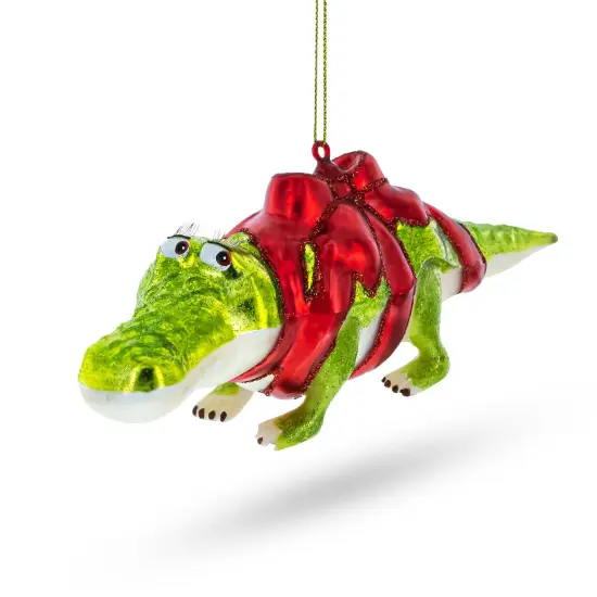 Alligator Adorned with Gift Ribbon Glass Christmas Ornament {1}