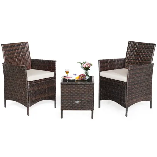 3 Pieces Patio Rattan Furniture Set Cushioned Sofa and Glass Tabletop Deck Red {7}