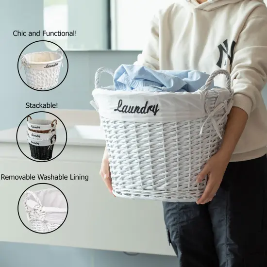 Wickerwise Handwoven Laundry Basket with Liner & Handles - Boho Decorative Storage Hamper for Clothes Blankets Pillows and Towels - Ideal for Laundry Room Bathroom Bedroom and Living Room White {5}