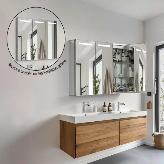 Basicwise 3-Door Versatile Bathroom Medicine Cabinet with Anti-Fog LED Mirror, Waterproof Aluminum, Surface or Recessed Mount, 2 Adjustable Glass Shelves, Wall Cabinet for Bathroom Storage, Silver {3}