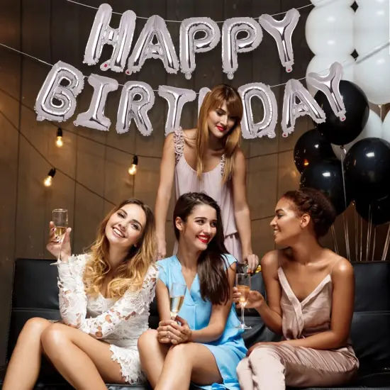 Silver Happy Birthday Balloons Banner - 16 Inch, Aluminum Foil {2}