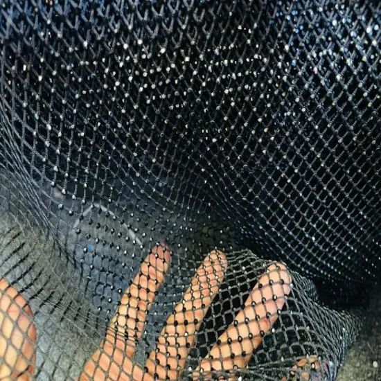 1 Yard Sparkly AB Rhinestone Fishnet Fabric Stretch Mesh for Costumes, D&eacute;cor, and Apparel Black Solid {1}