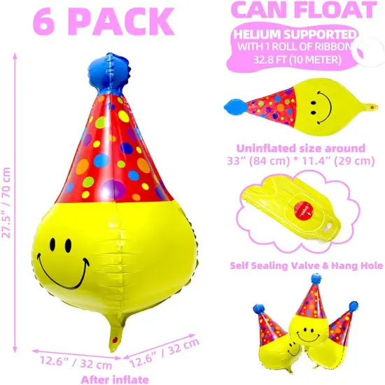 6 Pack Smile Face Balloons With Hat {4}