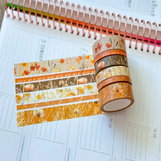 Fall Wildflowers Tan Orange Brown Boho Washi Tape Set September 2024 - W116 {2}