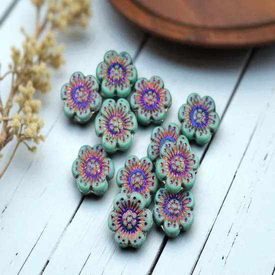 *12* 14mm Matte Opaque Dark Turquoise Sliperit Wildflower Beads {3}