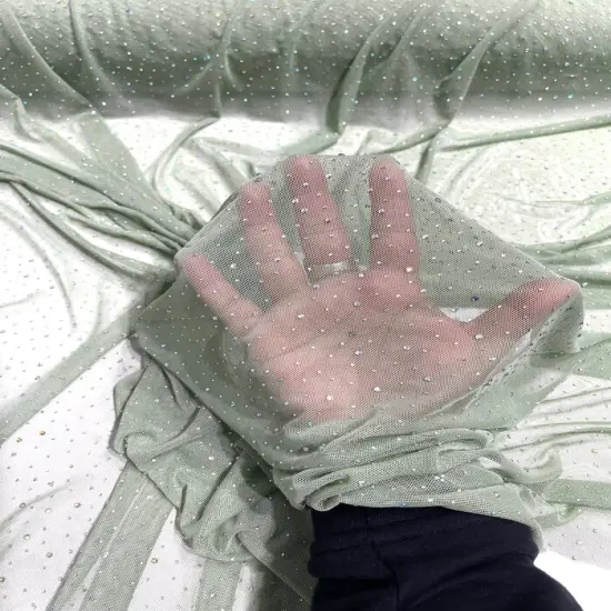 1 Yard Sheer Power Mesh With AB Rhinestones Stretch Fabric for Dancewear, Gowns & DIY Fuchsia {5}