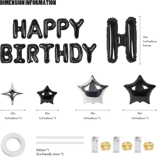 13pcs Mylar Foil Letters Sign with 8pcs Star Balloons - Black {3}
