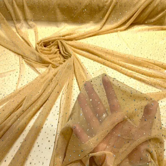 1 Yard Sheer Power Mesh With AB Rhinestones Stretch Fabric for Dancewear, Gowns & DIY Gold {1}