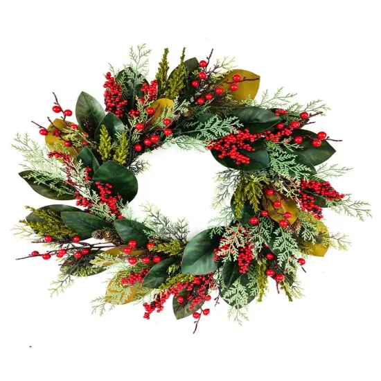 24" Un-Lit Mixed Leaves & Berries Green Wreath &ndash; Classic Christmas Decoration {1}