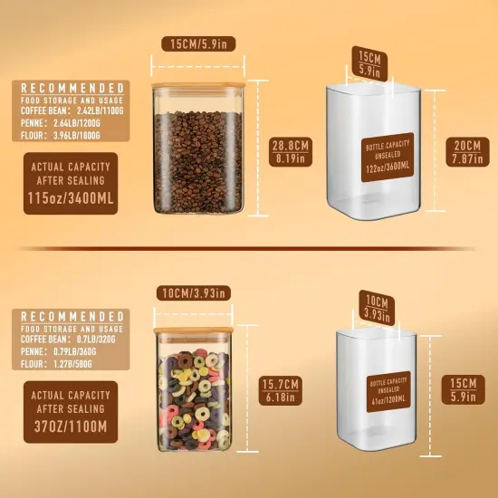 122oz 41oz Airtight Glass Square Storage Canister with Bamboo Lid Set of 2(3600ml*1 1200ml*1) Large Storage Container Gallon Glass Jars, for Sugar, Flour, and Coffee bean (with Black Lable) {1}