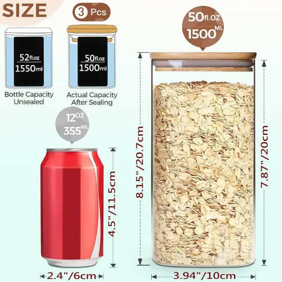 50oz Square Glass Storage Containers with Lids, Clear Food Storage Container Jar with Sealing Bamboo Lid for Noodles Flour Cereal Rice Sugar Tea Coffee Beans,Square Set of 3 {2}