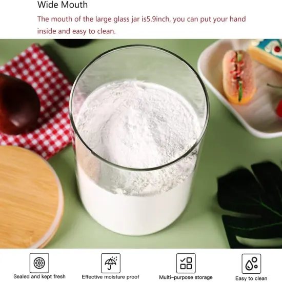 Set of 2 Glass Flour Container with Airtight Bamboo Lid, Large Food Jar with Wooden Lid for Storage Flour, Sugar, Cookies, Rice, Coffee Beans(3L) {4}