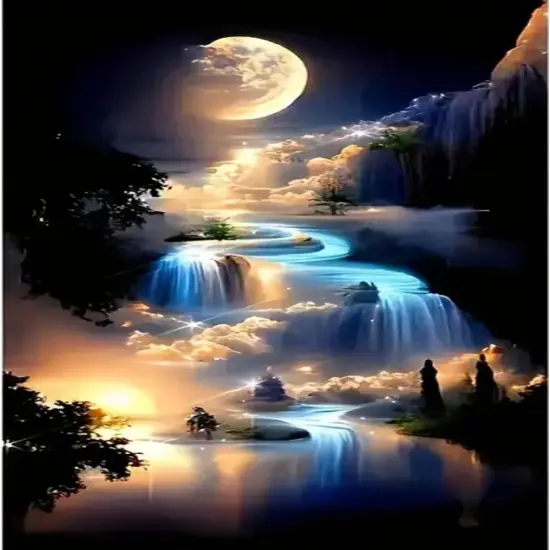 Waterfall Diamond Art Kits for Adults,DIY Moonlight Diamond Painting Kits for Adults Beginners,5D Full Drill Landscape Diamond Dots with Diamond Gem Art and Crafts for Wall Decor 12x16inch {1}